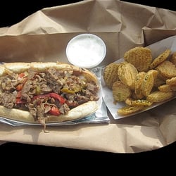 Castleton Snack Bar - Steak & Cheese Sandwich (with grilled onions & peppers) and Fried Pickles