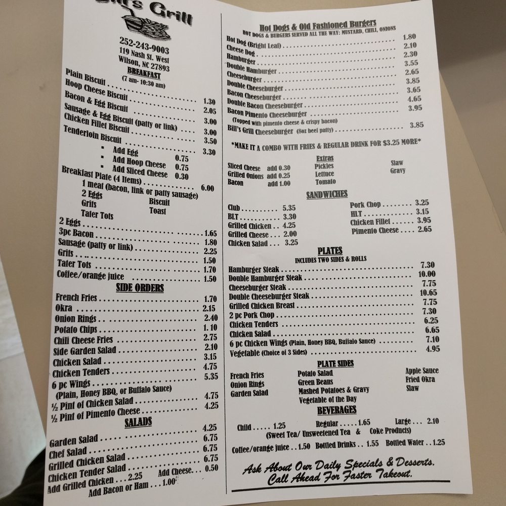Bill's Grill - the menu for bill's grill - American Near Me - Wilson, North Carolina