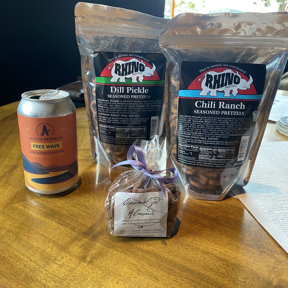 Snacks! Gourmet pretzels, chocolate almonds, non alcoholic beer