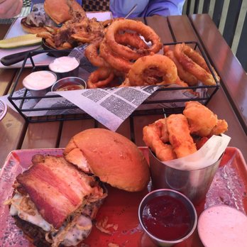 Red Cow North Loop - Middle: Onion rings (great!) Front: Blended Burger w/ bacon confit (great!) & cheese curds Back: Mushroom-Swiss w/ poutines - New American Near Me - Minneapolis, Minnesota Red Cow North Loop - Middle: Onion rings (great!) Front: Blended Burger w/ bacon confit (great!) & cheese curds Back: Mushroom-Swiss w/ poutines - New American Near Me - Minneapolis, Minnesota