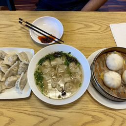 Pork + chives dumplings, wonton soup, custard buns Pork + chives dumplings, wonton soup, custard buns