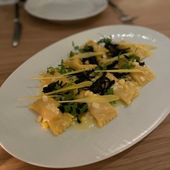 Osteria Giulia - Agnolotti Ripieni di Mais- sweet corn and parmigiano agnolotti , black trumpet mushrooms and butter - Italian Near Me - Toronto, Ontario