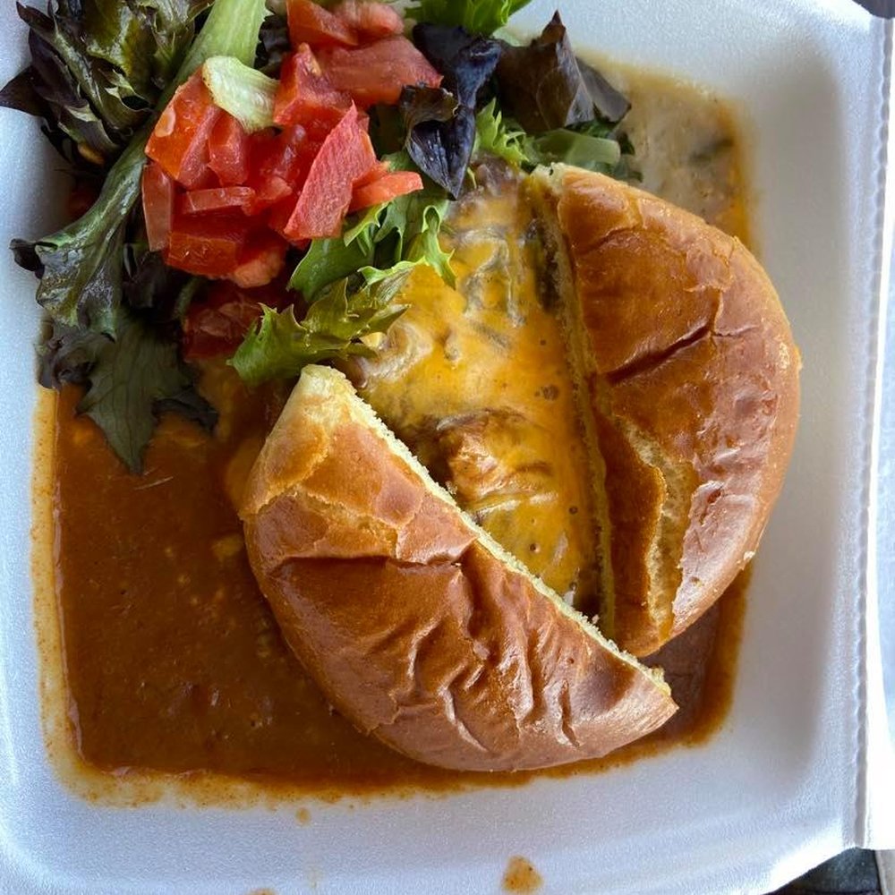 Elk Horn Cafe. The red and green chile smothered Fireman burger. Elk Horn Cafe. The red and green chile smothered Fireman burger.