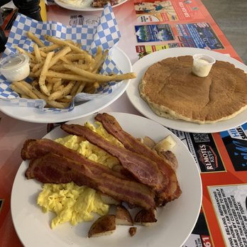 Trendy's - Bacon and eggs with pancake, garlic fries, corned beef hash - Breakfast & Brunch Near Me - Redding, California