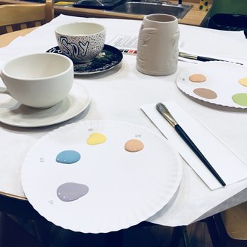 Color Me Mine - Our black pieces! You're given plates to put your paint and a huge variety of brushes are available. - Paint-Your-Own Pottery Near Me - Henderson, Nevada