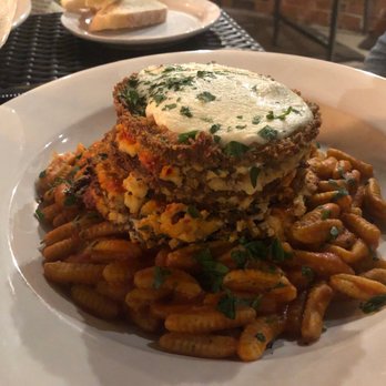 Pane Vino - Stacked eggplant parmigiana on top of house made pasta - Italian Near Me - Rochester, New York