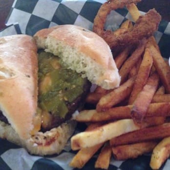 The Break Room Bar & Grill - Green chile cheeseburger on jalapeño sourdough with hand-cut fries. - American Near Me - Crowley, Texas The Break Room Bar & Grill - Green chile cheeseburger on jalapeño sourdough with hand-cut fries. - American Near Me - Crowley, Texas