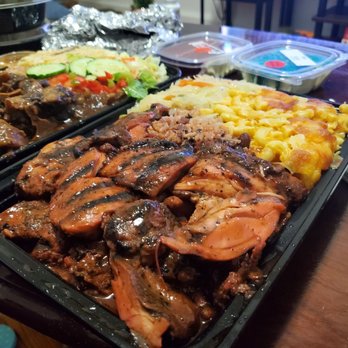 Jamaican Flavors - Jerk chicken up close with mac and cheese and rice and peas and steamed veggies - Caribbean Near Me - Jamaica, New York