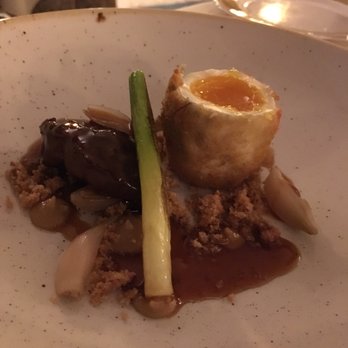 Mallory Court Hotel - Crispy Duck Egg, Malt Glazed Pork Cheek, Smoked Onion and Bacon Crumbs. - Hotels Near Me - Leamington Spa, WAR