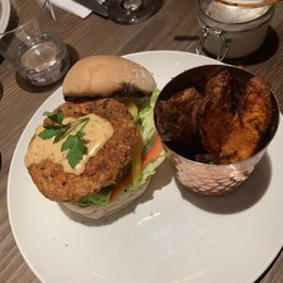 Vegan tempeh burger, sweet potato fries and vegan mayo