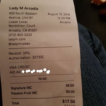 Lady M Cake Boutique - The damage for 2 small slices of crepe cake - Bakeries Near Me - Arcadia, California