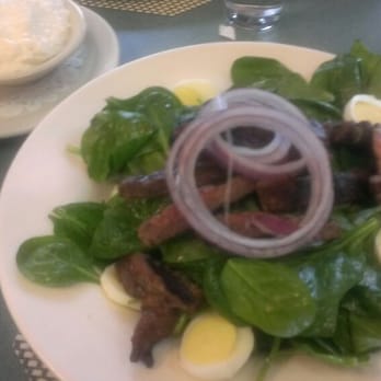 Jamms Restaurant - Hot Bacon and Spinach Salad with sliced steak. The bacon is the flavor of dressing. No actual bacon. - Breakfast & Brunch Near Me - Las Vegas, Nevada Jamms Restaurant - Hot Bacon and Spinach Salad with sliced steak. The bacon is the flavor of dressing. No actual bacon. - Breakfast & Brunch Near Me - Las Vegas, Nevada