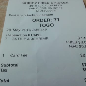 Crispy Fried Chicken - They jacked up the price on the 3 strip 3 shrimp combo 18.5%! As if the card fee wasn't enough. - Chicken Wings Near Me - San Diego, California