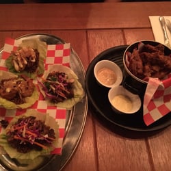 Low & Lofty's - Ocean shrimp and pulled beef brisket sing joy pows and crispy fried jerk strips