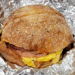 THEC-The layers in between the Balthazar roll are perfectly stacked...cheese, taylor ham, egg, & cheese.