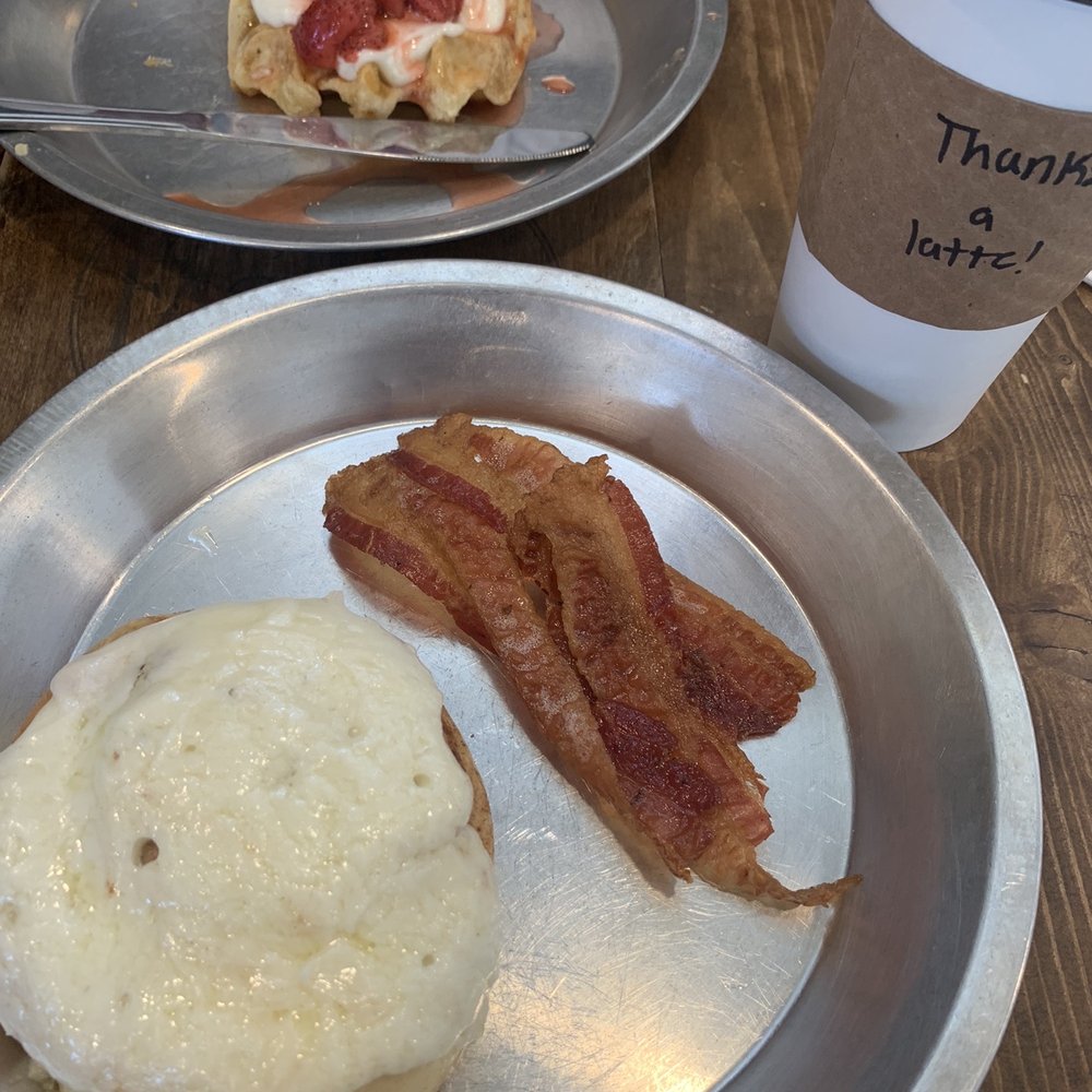 The Factory - Waffle with strawberries and cinnamon roll. Yum! - Coffee & Tea Near Me - Lexington, North Carolina The Factory - Waffle with strawberries and cinnamon roll. Yum! - Coffee & Tea Near Me - Lexington, North Carolina