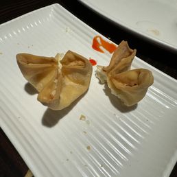 Crab Rangoons that were hard and not good. About a 1/4tsp filling in each. Crab Rangoons that were hard and not good. About a 1/4tsp filling in each.