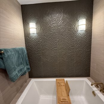 Posada Remodeling & Design - Tub, brushed gold facet and beautiful lighting from Ferguson - Flooring Near Me - Casselberry, Florida