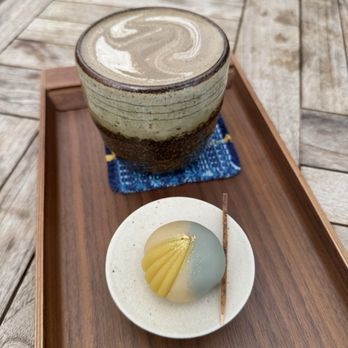 Chafinity Tea House - Hot Hojicha Matcha Latte with walnut milk and Shooting Star Wagashi - Coffee & Tea Near Me - Costa Mesa, California