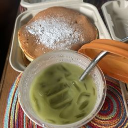 dry 3 Buttermilk Pancakes and disgusting matcha latte