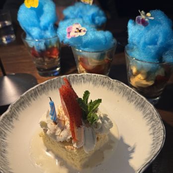 La Mar - Suspiro Loco (vanilla ice cream, almond crumble, strawberry, housemade cotton candy) & Tres Leche cake - Latin American Near Me - San Francisco, California La Mar - Suspiro Loco (vanilla ice cream, almond crumble, strawberry, housemade cotton candy) & Tres Leche cake - Latin American Near Me - San Francisco, California