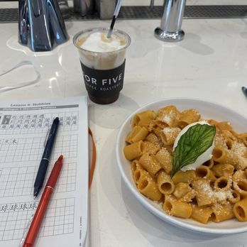 For Five Coffee Roasters - Spicy Vodka Rigatoni [VT] (with chicken) and Freddo Cappucino - Coffee Roasteries Near Me - Arlington, Virginia