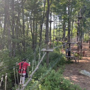 TreeTop Adventures - A person wearing a red shirt and harness crosses a rope bridge among tall trees at an aerial adventure park. - Challenge Courses Near Me - Canton, Massachusetts