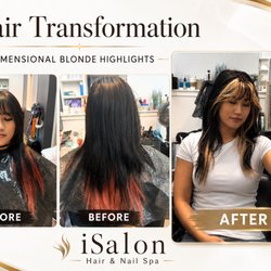 iSalon Hair & Nail Spa - Dark hair with faded red ends transformed with dimensional blonde highlights and face-framing color at iSalon Hair & Nail Spa in Portland/Gr