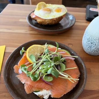 Tomorrow and Tomorrow - Bagel with lox, cream cheese, cucumbers, sprouts and capers and bagel with lox and eggs. - Coffee & Tea Near Me - Taos, New Mexico