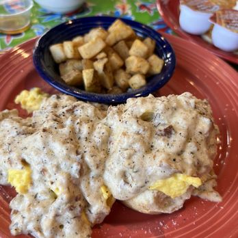 The Flying Biscuit Cafe - Biscuits n sage chicken sausage gravy with scrambled eggs, home fries (didn't have magic dust and tasted old) - Breakfast & Brunch Near Me - Athens, Georgia The Flying Biscuit Cafe - Biscuits n sage chicken sausage gravy with scrambled eggs, home fries (didn't have magic dust and tasted old) - Breakfast & Brunch Near Me - Athens, Georgia