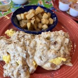 The Flying Biscuit Cafe - Biscuits n sage chicken sausage gravy with scrambled eggs, home fries (didn't have magic dust and tasted old)