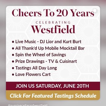 Sunrise Cellars - Celebrating 20 years In Westfield. Come celebrate with us - Beer, Wine & Spirits Near Me - Westfield, New Jersey Sunrise Cellars - Celebrating 20 years In Westfield. Come celebrate with us - Beer, Wine & Spirits Near Me - Westfield, New Jersey