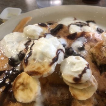 Art's Skillet - Chunky Monkey.... 3 Pancakes with Chocolate Chips, Sliced Bananas, Swirling of Chocolate and Whipped Cream! It is so delicious! - Breakfast & Brunch Near Me - Indianapolis, Indiana Art's Skillet - Chunky Monkey.... 3 Pancakes with Chocolate Chips, Sliced Bananas, Swirling of Chocolate and Whipped Cream! It is so delicious! - Breakfast & Brunch Near Me - Indianapolis, Indiana