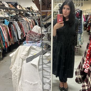 Eco Thrift - Trying on H&M black cotton dress - Thrift Stores Near Me - Hayward, California