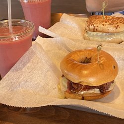 Brew - Strawberry banana smoothies, Bacon Egg and Cheese on a Jalapeño Cheddar bagel, Ham Egg and Cheese on an Asiago Bagel.