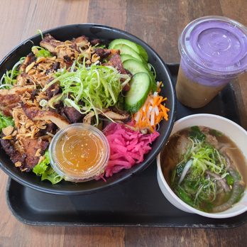 And Broth - Grilled Chicken Salad Bowl, Half Texan Pho (free), Ube Cream Viet Coffee - Asian Fusion Near Me - Glendora, California And Broth - Grilled Chicken Salad Bowl, Half Texan Pho (free), Ube Cream Viet Coffee - Asian Fusion Near Me - Glendora, California