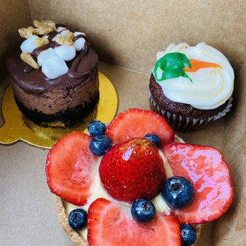 Lavender Bakery & Cafe' - Chocolate Cheesecake (Left), Fruit Tart (Middle), Carrot Cake Cupcake (Right) - Cafes Near Me - Berkeley, California