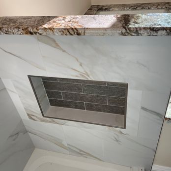 Mile High Master Tile - Shower niche with glass tile insert and Schluter edging - Flooring Near Me Mile High Master Tile - Shower niche with glass tile insert and Schluter edging - Flooring Near Me