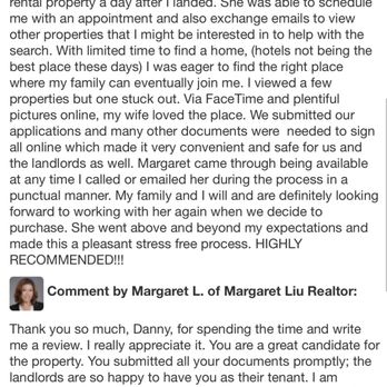 Margaret Liu - Representing both landlord and tenant for this lease listing. Thank you so much for taking the time to write me a review Danny. - Real Estate Agents Near Me - Diamond Bar, California Margaret Liu - Representing both landlord and tenant for this lease listing. Thank you so much for taking the time to write me a review Danny. - Real Estate Agents Near Me - Diamond Bar, California