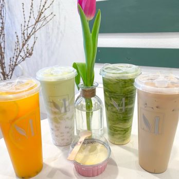M TeaShop - (L to R) Golden Passion, Avocado Slush, Matcha Tornado, White Peach Oolong Milk Tea, and Coconut Flan - Tea Rooms Near Me - San Jose, California