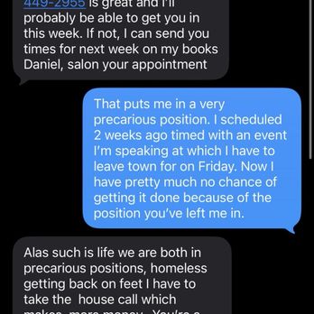 Daniel Helm Hair - A conversation with Daniel in which he cancels my 2 week appointment. - Hair Stylists Near Me - Leawood, Kansas