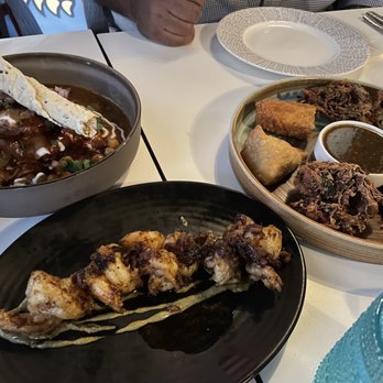 The Blue Taj - Variety of apps - shrimp, chick Mango-Chickpea Chaat and app platter. - Indian Near Me - Charlotte, North Carolina