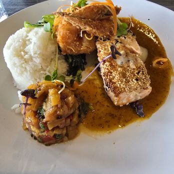 The Fish Hopper - Car Week Special D'Elegance - Coconut Shrimp and Sesame Crusted Salmon with grilled pineapple salsa, sticky rice & Apricot Thai chili Sauce - Seafood Near Me - Monterey, California