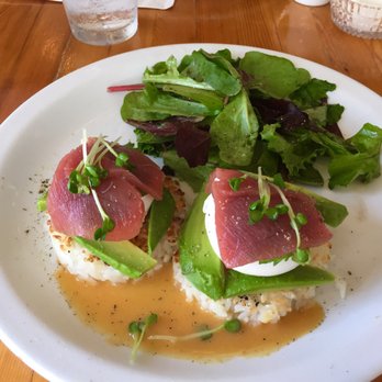 Cream Pot - Maguro egg benedict with ahi tuna and rice cake bottoms! So good - even the mixed greens were delicious - Breakfast & Brunch Near Me - Honolulu, Hawaii