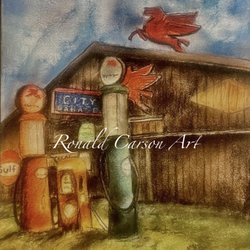 The Art Rave - A classic southern old filling station with a pegasus and gas pumps with over grown grass at a lovely wooded fixing station