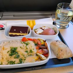 VIA Rail Canada - Cod with rice and veggies, pear & goat cheese salad and a Nanaimo bar, with white wine in VIA1/Business Class Montreal to Ottawa