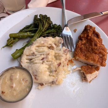 Carnation Cafe - Chicken fried chicken, mashed potatoes, broccolini, gravy on the side - American Near Me - Anaheim, California
