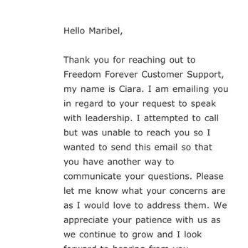 Freedom Forever - Here's the initial response from them on 5/5. - Solar Installation Near Me - Commerce, California