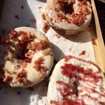 Duck Donuts - Maple bacon, PB bacon, and lemon coconut with blackberry drizzle - Donuts Near Me - Arlington, Virginia Duck Donuts - Maple bacon, PB bacon, and lemon coconut with blackberry drizzle - Donuts Near Me - Arlington, Virginia