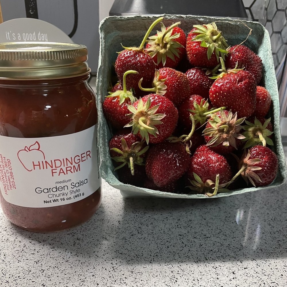 Hindinger Farm's Garden Salsa and Fresh Strawberries.